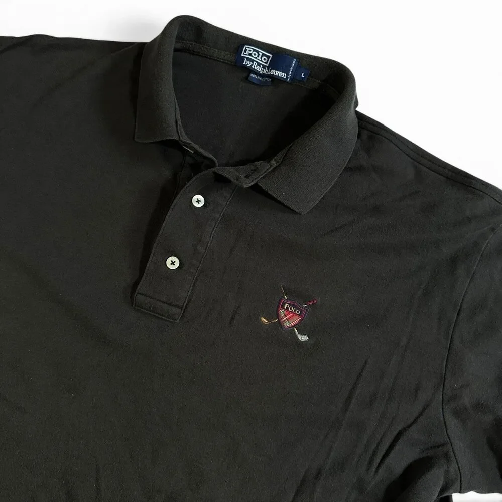 POLO Ralph Lauren Vintage Black Golf  Polo Shirt L 100% Cotton Embroidered Crest